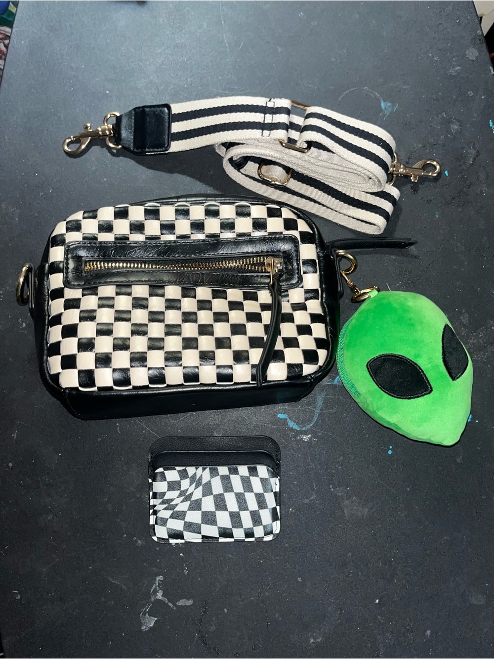 Universal Thread Black & White Checkerboard Crossbody with Striped Strap